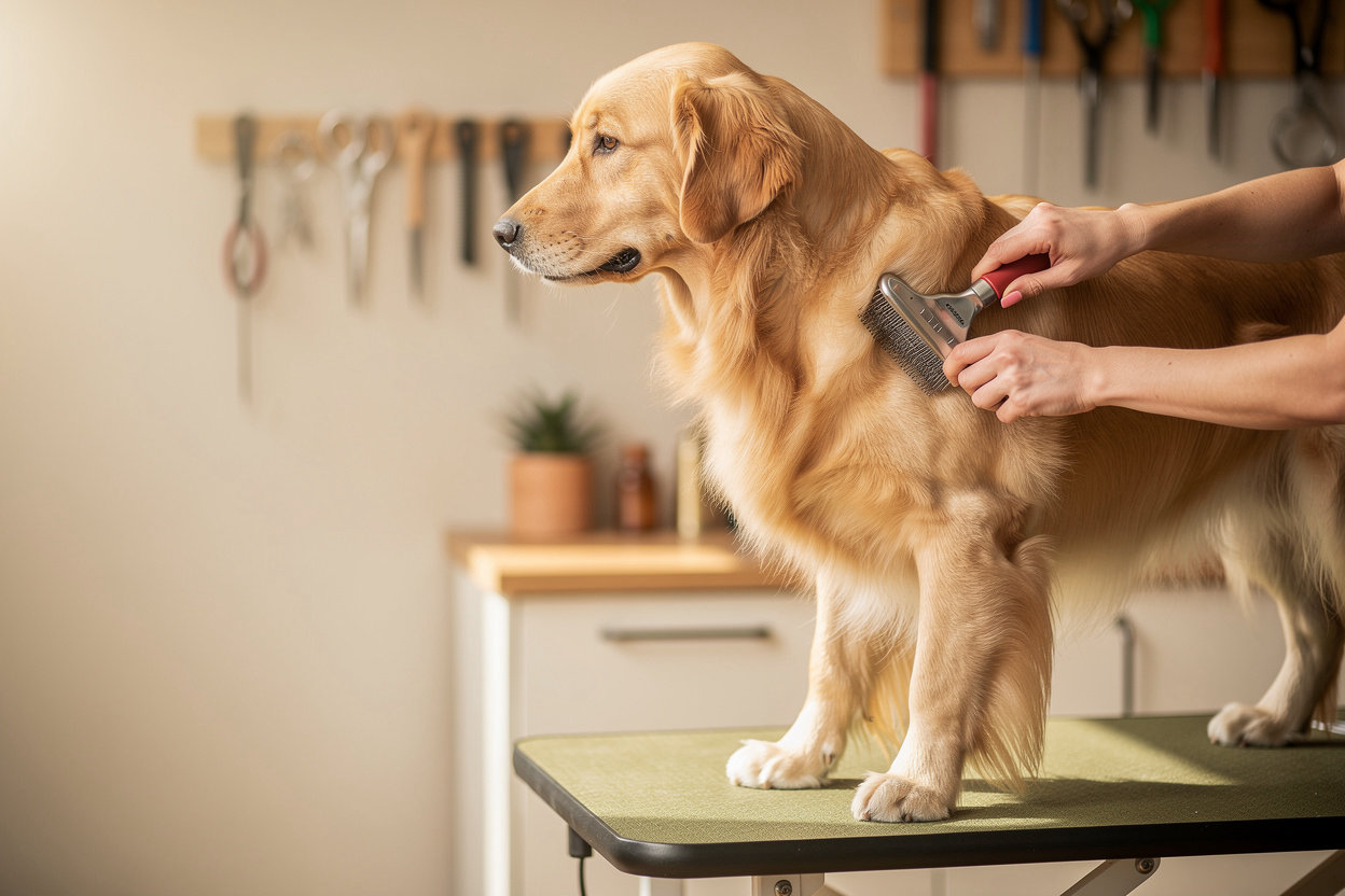 Happy Paws Grooming Denver - professional groomer handling a large dog with confidence and care