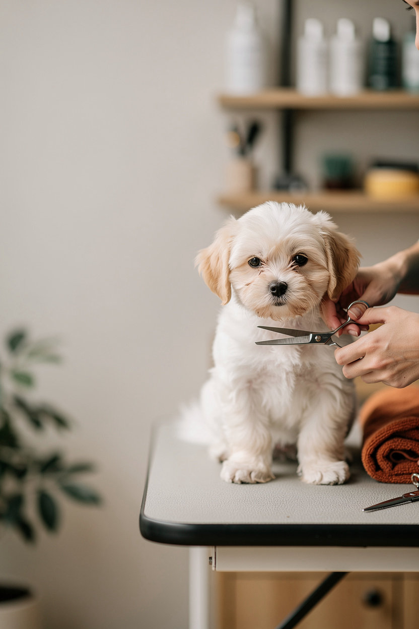 Happy Paws Grooming Denver puppy receiving gentle first haircut in calm, friendly grooming environment